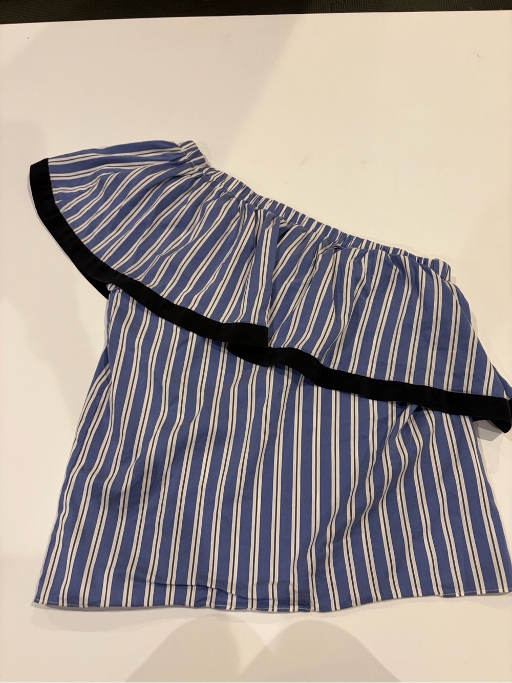 Milly Blue and White Striped One-Shoulder Top with Black Trim